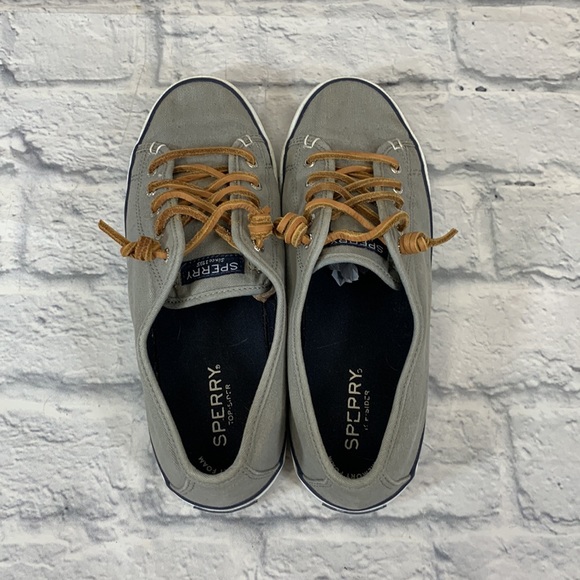 Sperry Top Siders loafer shoes Canvas Leather laces Gray white tan Size 8.5 - Picture 4 of 10